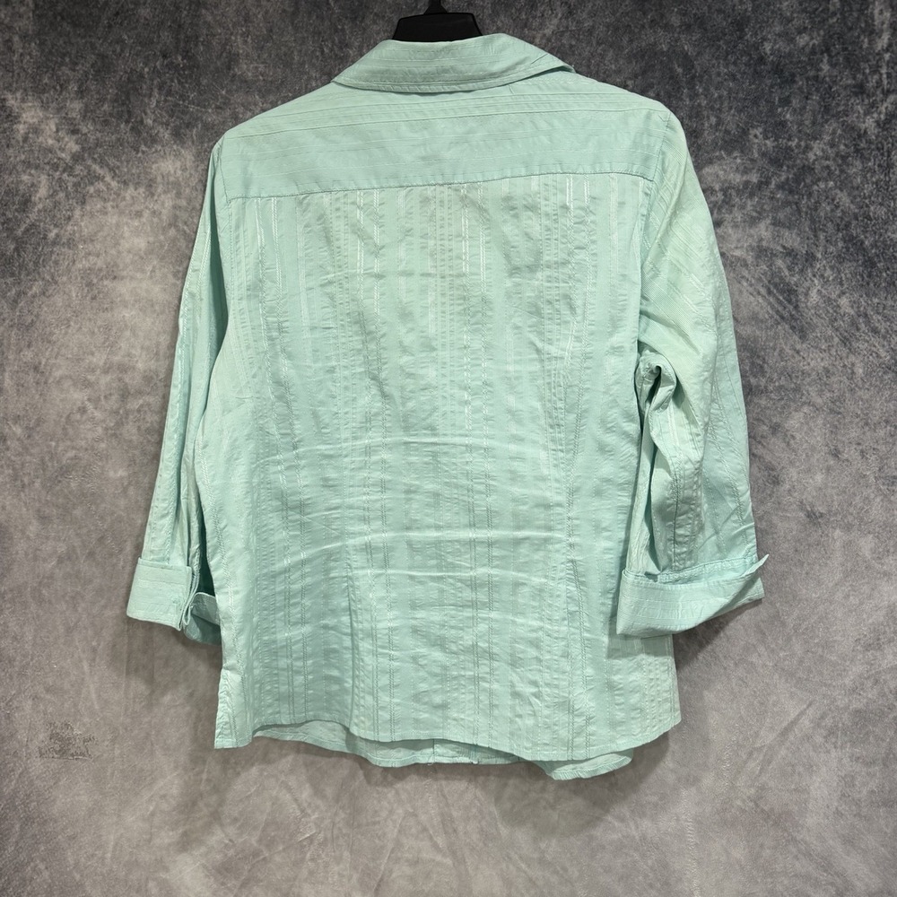 Women's 1/4 Sleeve Button Up Blouse Aqua Blue Size XL Stretch Preppy Office